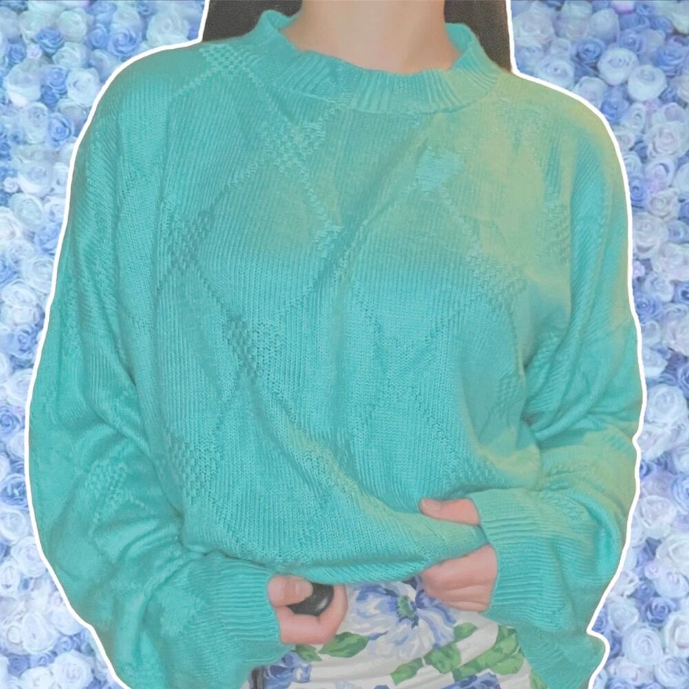 Vintage Pastel Mock Neck Green Sweater Heart Softgirl Grannycore Cottagecore 3x